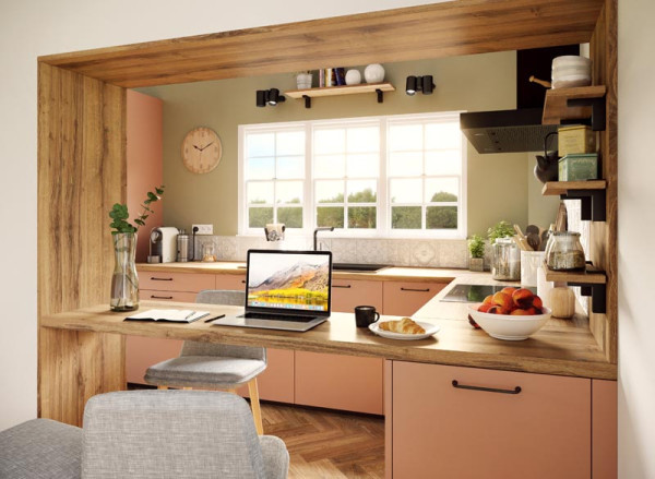 Espace repas ou Bureau 
Modèle Macaron Abricot et Chêne Cognac 